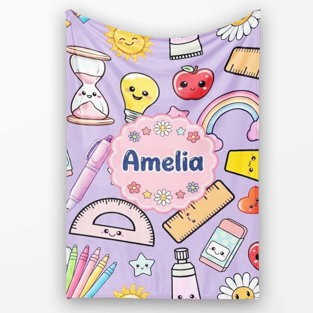 School Supplies Purple Background Rainbow Apple Glue Pen Ruler  Personalised Custom Name Super Soft Fleece Blanket Bed Sofa Throw