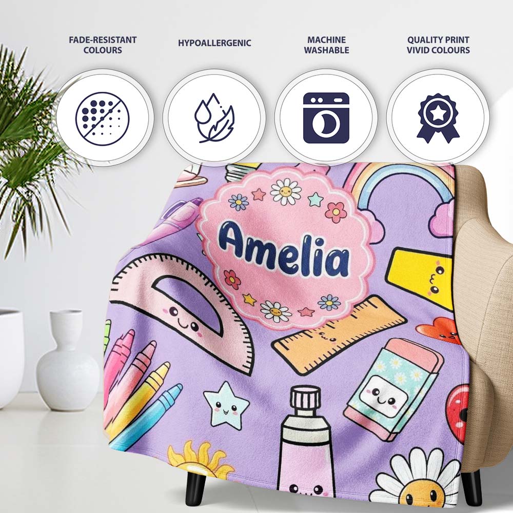 School Supplies Purple Background Rainbow Apple Glue Pen Ruler  Personalised Custom Name Super Soft Fleece Blanket Bed Sofa Throw