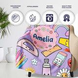 School Supplies Purple Background Rainbow Apple Glue Pen Ruler  Personalised Custom Name Super Soft Fleece Blanket Bed Sofa Throw