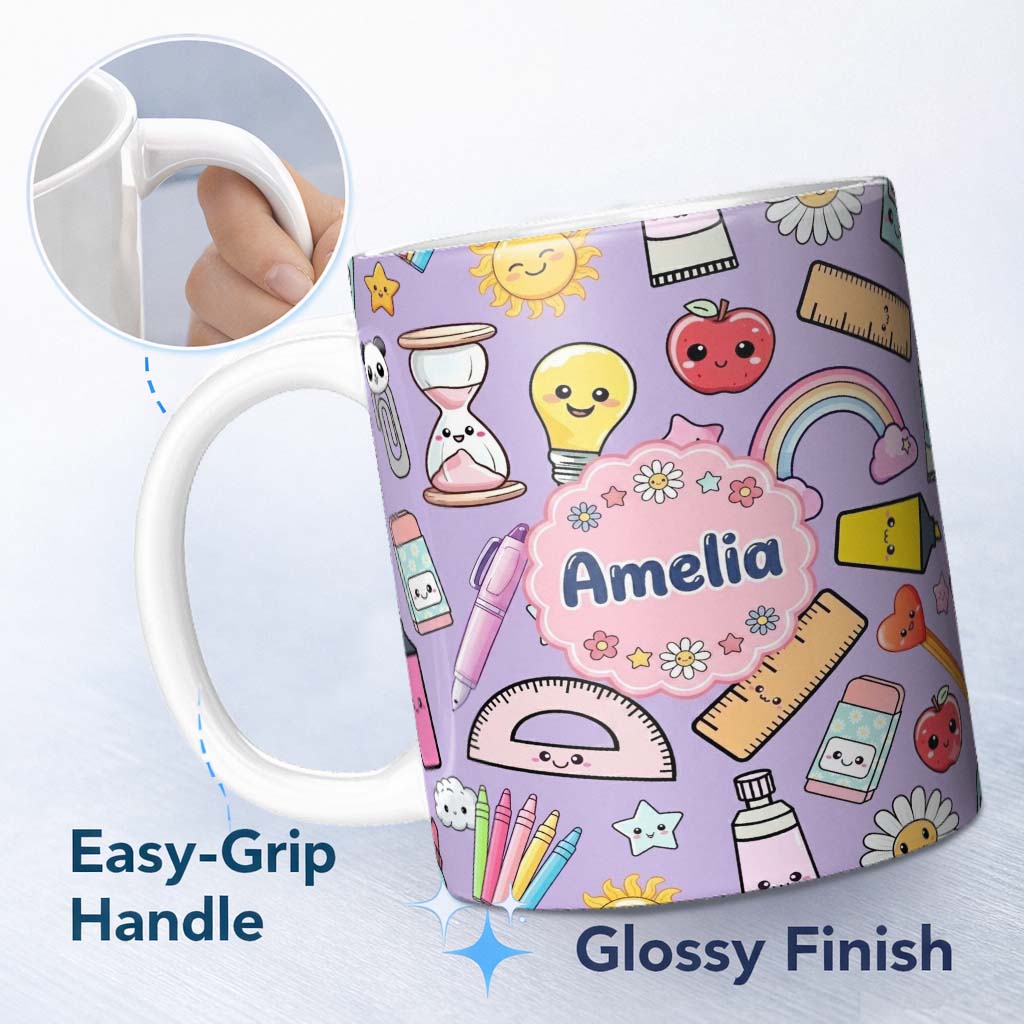 Personalized Custom Name School Supplies Purple Background Rainbow Apple Glue Pen Ruler 11oz Ceramic Coffee Tea Mug White Large Handle