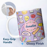 Personalized Custom Name School Supplies Purple Background Rainbow Apple Glue Pen Ruler 11oz Ceramic Coffee Tea Mug White Large Handle