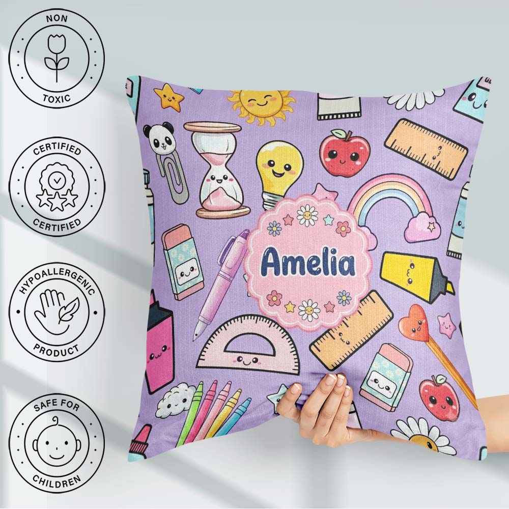 Custom Name School Supplies Purple Rainbow Apple Glue Pen Ruler Square Filled Cushion Throw Pillow Sofa Bed Home Decor Zip Washable UK Made