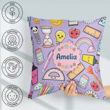 Custom Name School Supplies Purple Rainbow Apple Glue Pen Ruler Square Filled Cushion Throw Pillow Sofa Bed Home Decor Zip Washable UK Made