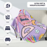 School Supplies Purple Background Rainbow Apple Glue Pen Ruler  Personalised Custom Name Super Soft Fleece Blanket Bed Sofa Throw