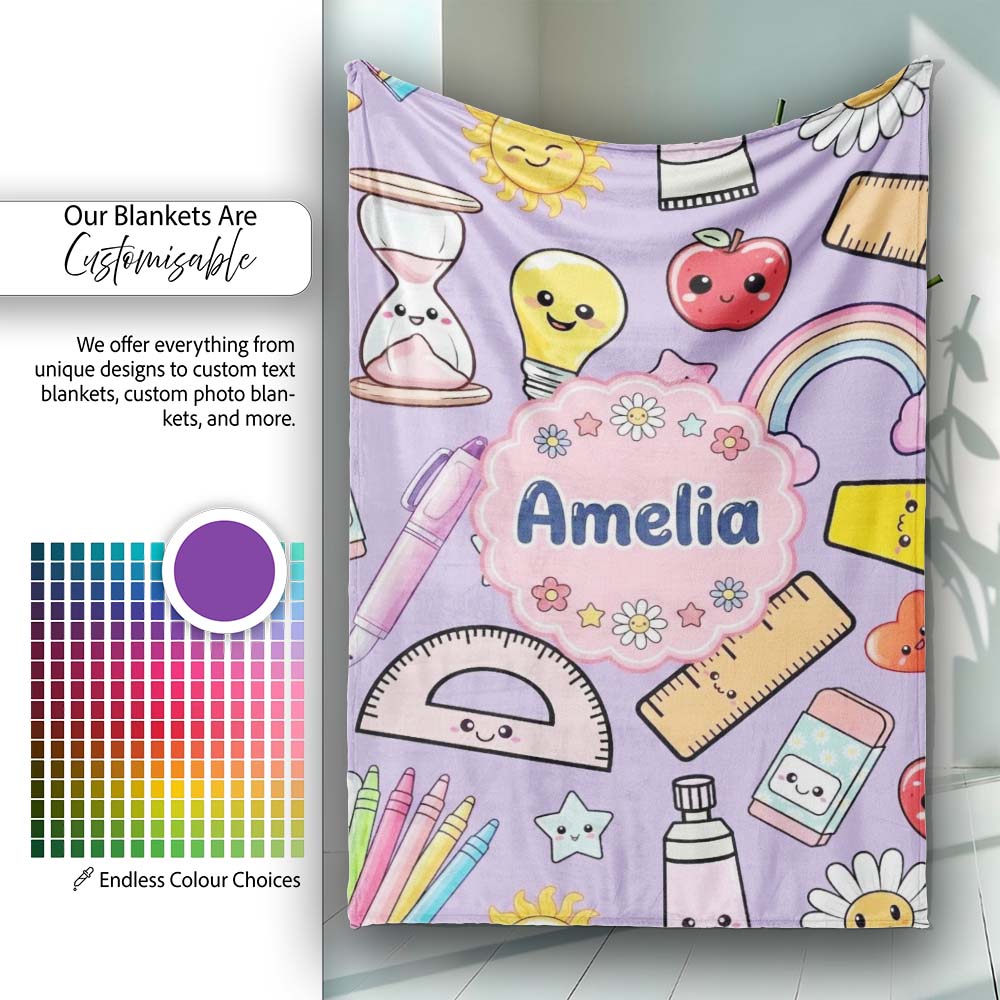 School Supplies Purple Background Rainbow Apple Glue Pen Ruler  Personalised Custom Name Super Soft Fleece Blanket Bed Sofa Throw