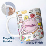 Personalized Custom Name School Supplies Grey Background Rainbow Apple Glue Pen Ruler 11oz Ceramic Coffee Tea Mug White Large Handle