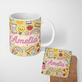 Personalized Custom Name School Supplies Yellow Background Rainbow Apple Glue Pen Ruler 11oz Ceramic Coffee Tea Mug White Large Handle