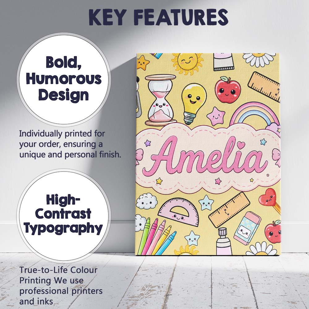 Personalised Name School Supplies Yellow Custom  Unique Gift Idea Elegant Feature Canvas Wall Art Print Decor Picture Ready to Hang