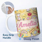 Personalized Custom Name School Supplies Yellow Background Rainbow Apple Glue Pen Ruler 11oz Ceramic Coffee Tea Mug White Large Handle