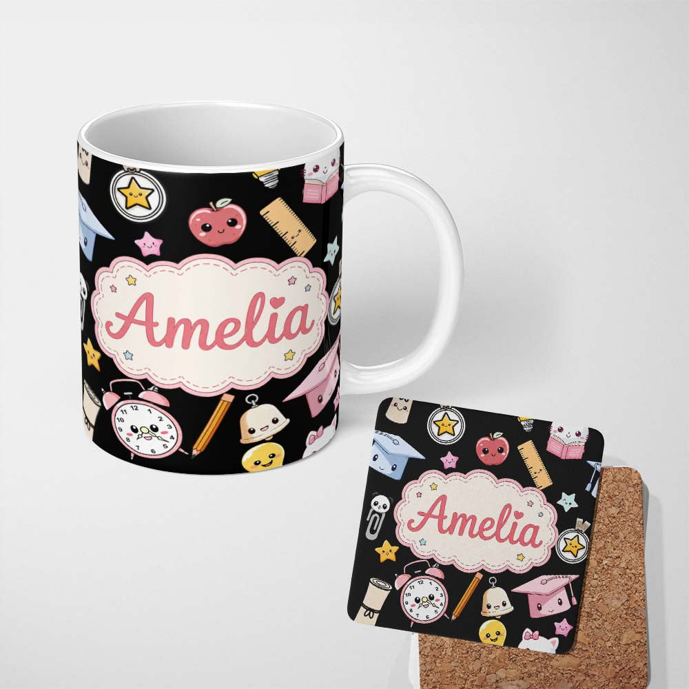 Personalized Custom Name Cute Kawaii School Learning Cat Books Clock Pencil Seamless Pattern 11oz Ceramic Coffee Tea Mug White Large Handle