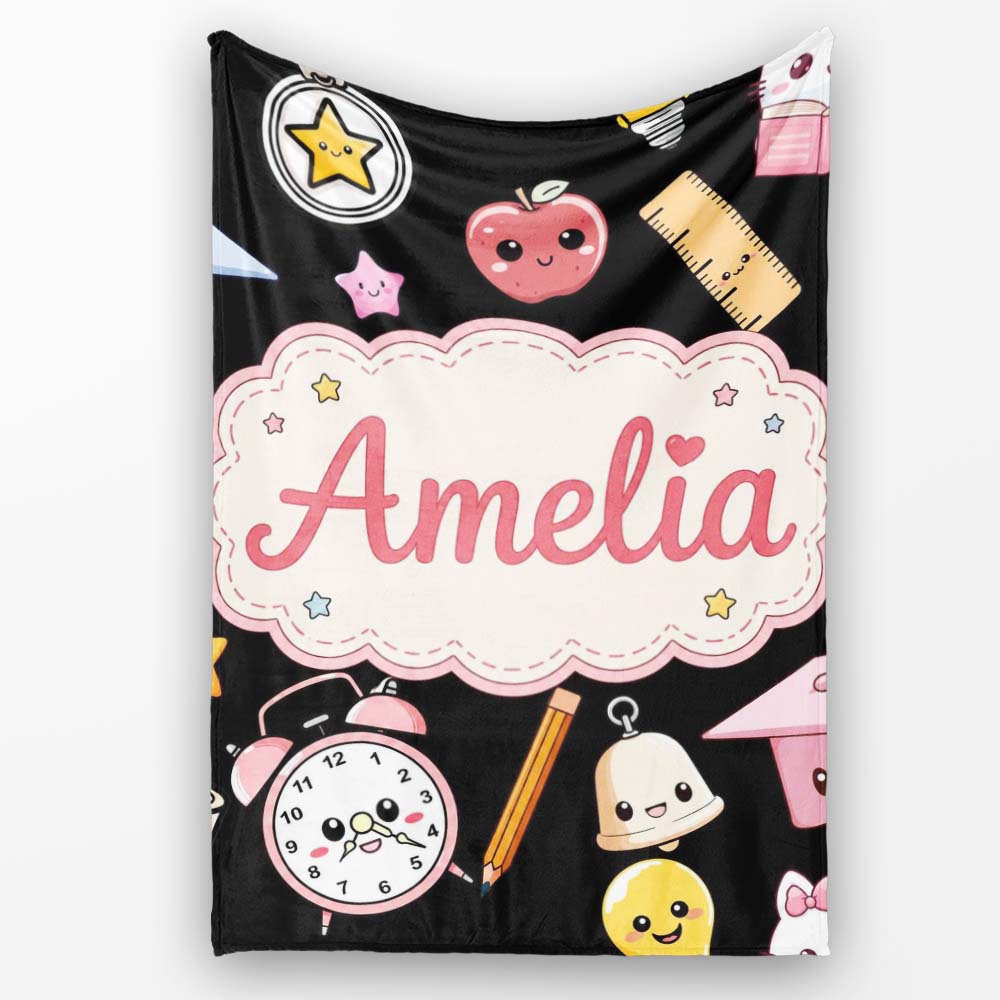 Cute Kawaii School Learning Cat Books Clock Pencil Seamless Pattern  Personalised Custom Name Super Soft Fleece Blanket Bed Sofa Throw