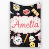 Cute Kawaii School Learning Cat Books Clock Pencil Seamless Pattern  Personalised Custom Name Super Soft Fleece Blanket Bed Sofa Throw