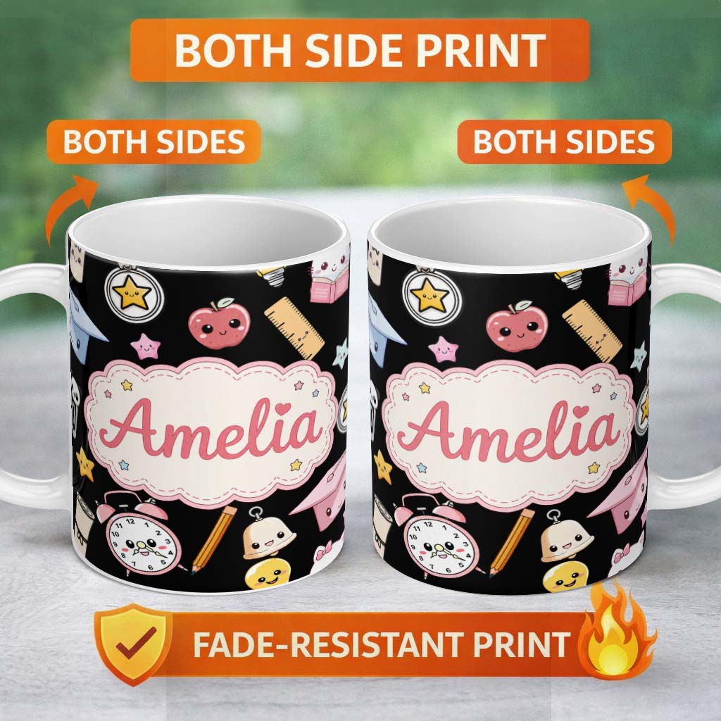 Personalized Custom Name Cute Kawaii School Learning Cat Books Clock Pencil Seamless Pattern 11oz Ceramic Coffee Tea Mug White Large Handle
