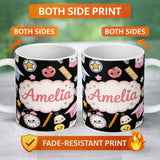 Personalized Custom Name Cute Kawaii School Learning Cat Books Clock Pencil Seamless Pattern 11oz Ceramic Coffee Tea Mug White Large Handle