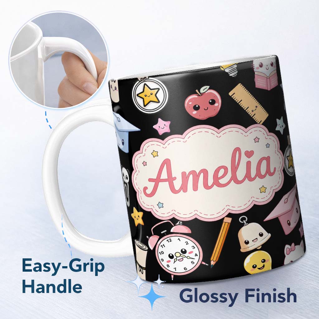 Personalized Custom Name Cute Kawaii School Learning Cat Books Clock Pencil Seamless Pattern 11oz Ceramic Coffee Tea Mug White Large Handle