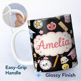 Personalized Custom Name Cute Kawaii School Learning Cat Books Clock Pencil Seamless Pattern 11oz Ceramic Coffee Tea Mug White Large Handle