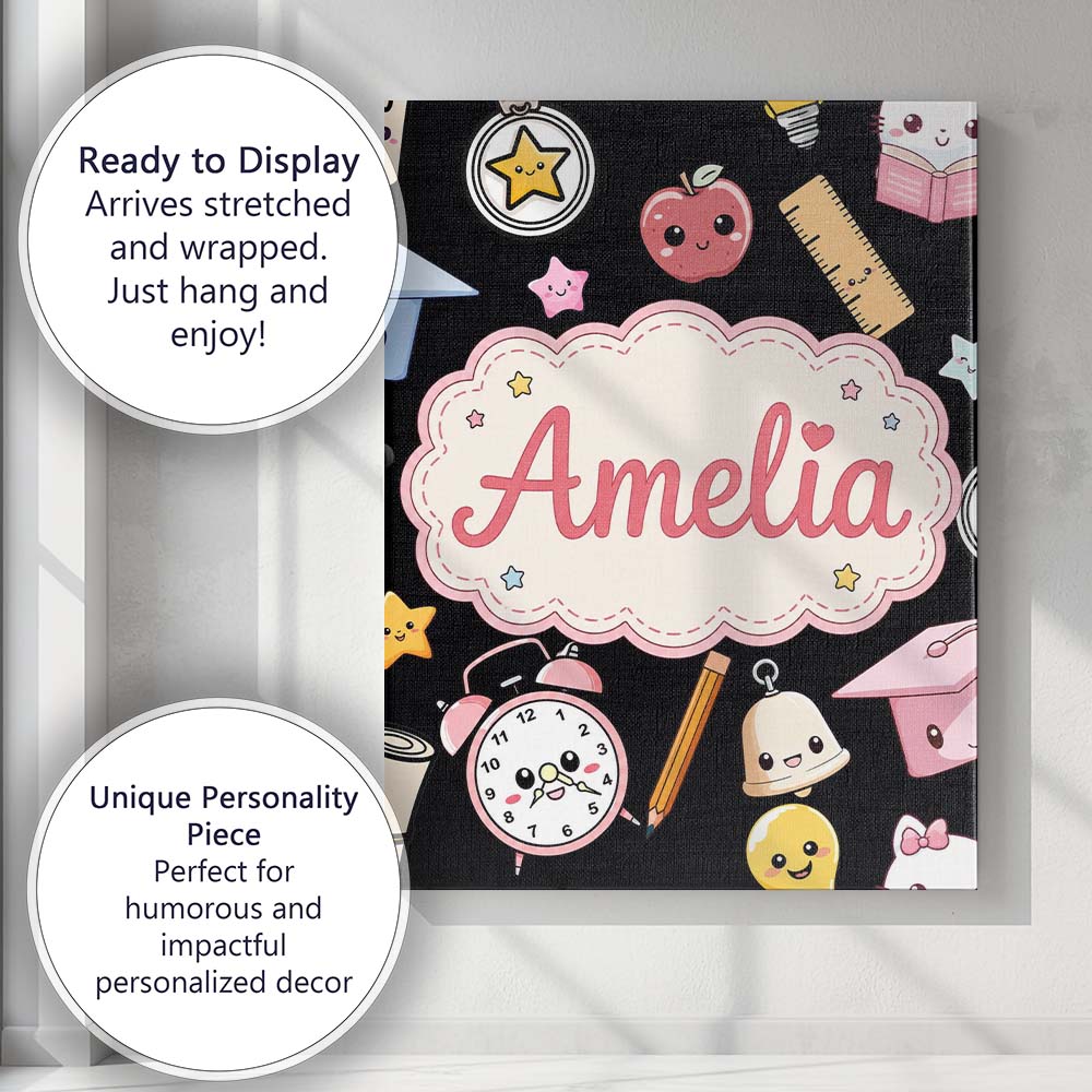 Personalised Name Cute Kawaii School Custom Premium Decorative Design Modern Room Accent Canvas Wall Art Print Decor Picture Ready to Hang