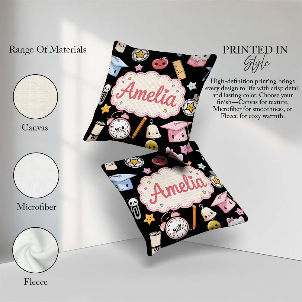Custom Name Cute Kawaii School Learning Cat Books Clock Seamless Square Filled Cushion Throw Pillow Sofa Bed Home Decor Zip Washable UK Made