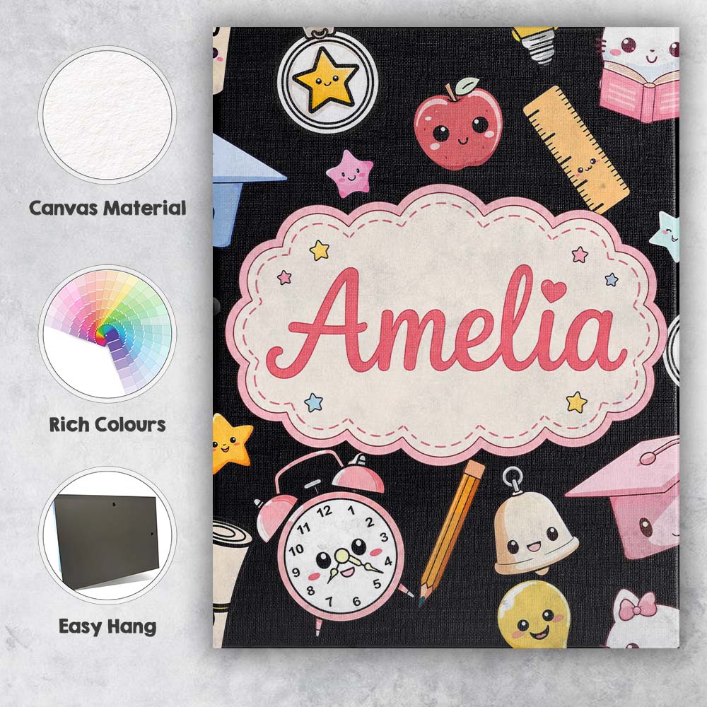 Personalised Name Cute Kawaii School Custom Premium Decorative Design Modern Room Accent Canvas Wall Art Print Decor Picture Ready to Hang