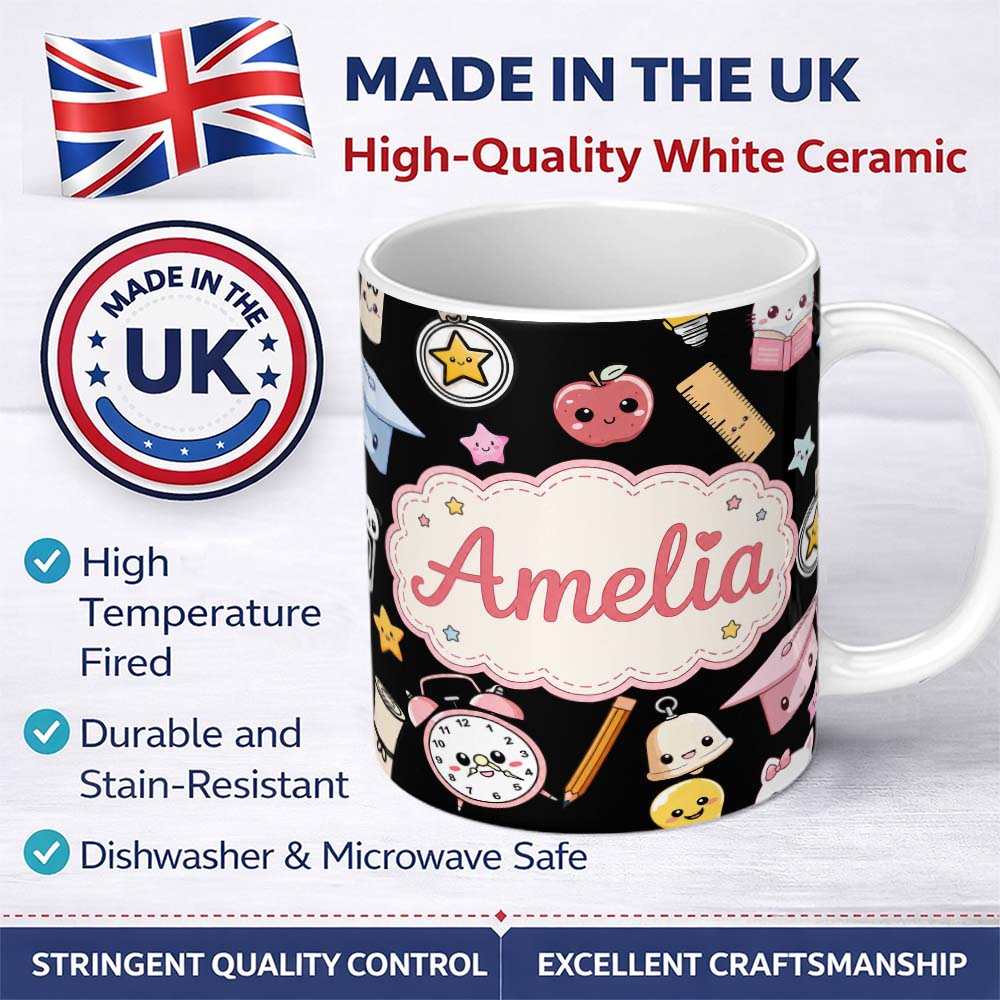Personalized Custom Name Cute Kawaii School Learning Cat Books Clock Pencil Seamless Pattern 11oz Ceramic Coffee Tea Mug White Large Handle