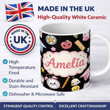 Personalized Custom Name Cute Kawaii School Learning Cat Books Clock Pencil Seamless Pattern 11oz Ceramic Coffee Tea Mug White Large Handle