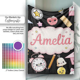 Cute Kawaii School Learning Cat Books Clock Pencil Seamless Pattern  Personalised Custom Name Super Soft Fleece Blanket Bed Sofa Throw