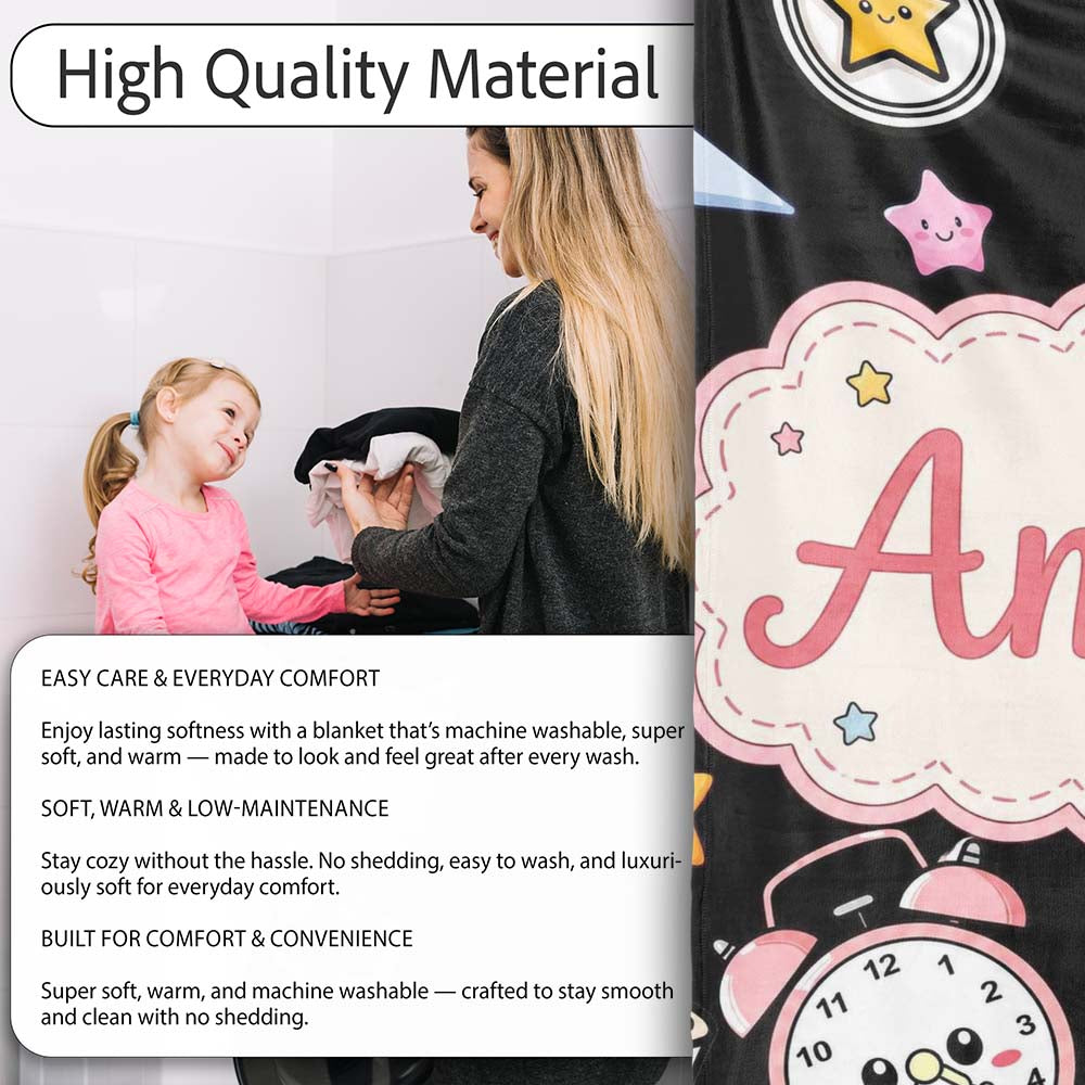 Cute Kawaii School Learning Cat Books Clock Pencil Seamless Pattern  Personalised Custom Name Super Soft Fleece Blanket Bed Sofa Throw