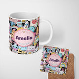 Personalized Custom Name Classroom Supplies Backpack Rocket Globe Clipboard Fun Seamless 11oz Ceramic Coffee Tea Mug White Large Handle