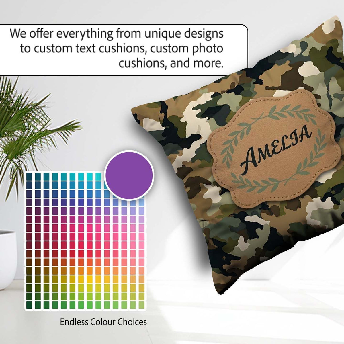 Custom Name Soft Olive Mixed Camouflage Seamless Pattern for Her Square Filled Cushion Throw Pillow Sofa Bed Home Decor Zip Washable UK Made