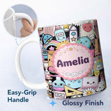 Personalized Custom Name Pastel School Essentials Backpack Rocket Globe Clipboard Seamless 11oz Ceramic Coffee Tea Mug White Large Handle