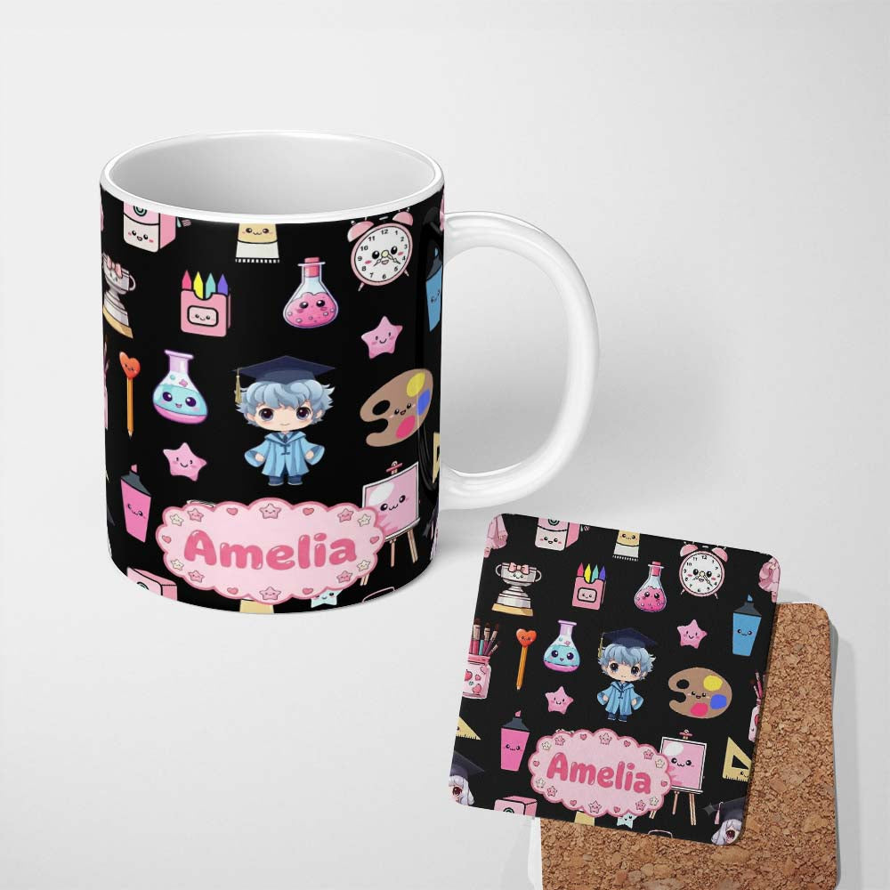 Personalized Custom Name Cute Kawaii Graduation Theme Student Trophy Paint Palette Art 11oz Ceramic Coffee Tea Mug White Large Handle