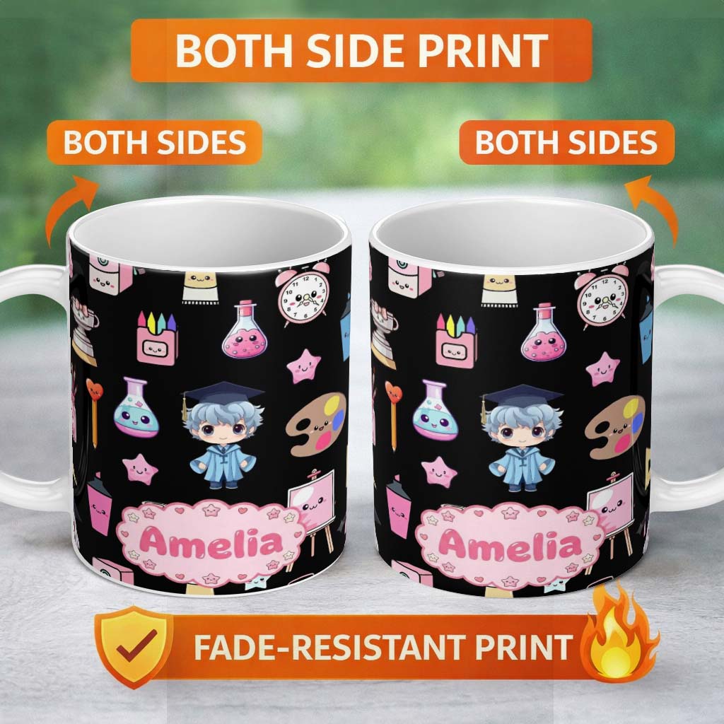 Personalized Custom Name Cute Kawaii Graduation Theme Student Trophy Paint Palette Art 11oz Ceramic Coffee Tea Mug White Large Handle
