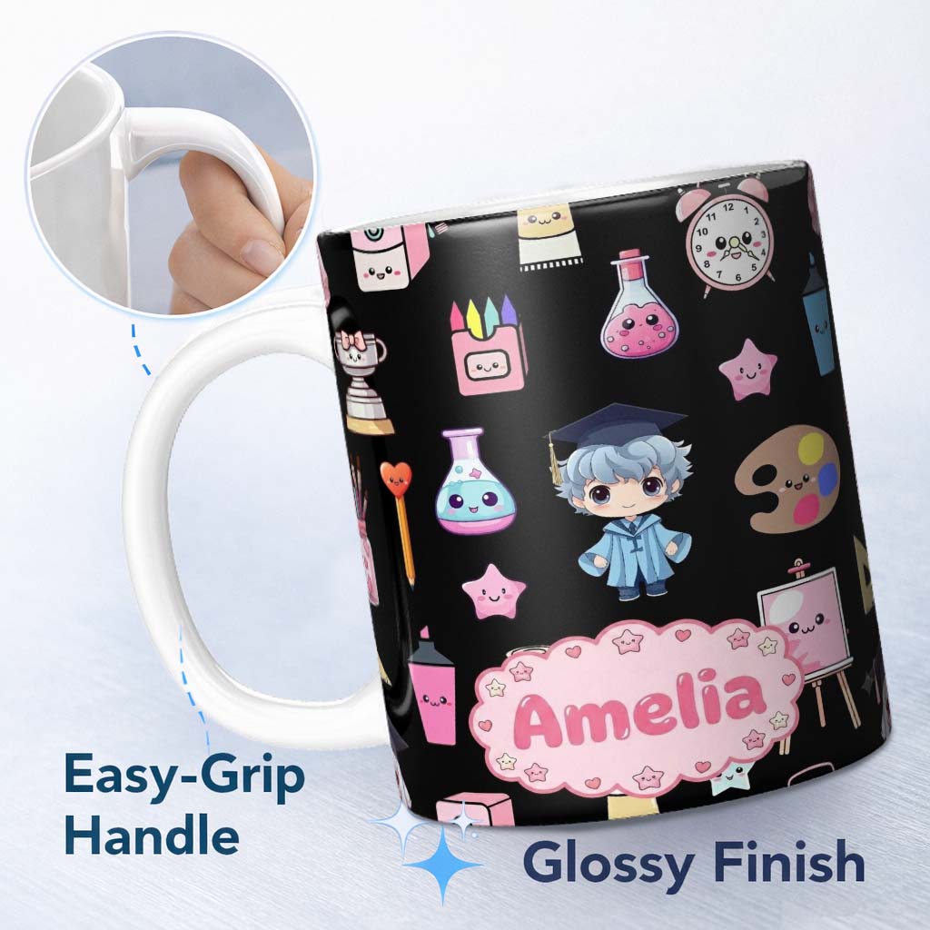 Personalized Custom Name Cute Kawaii Graduation Theme Student Trophy Paint Palette Art 11oz Ceramic Coffee Tea Mug White Large Handle