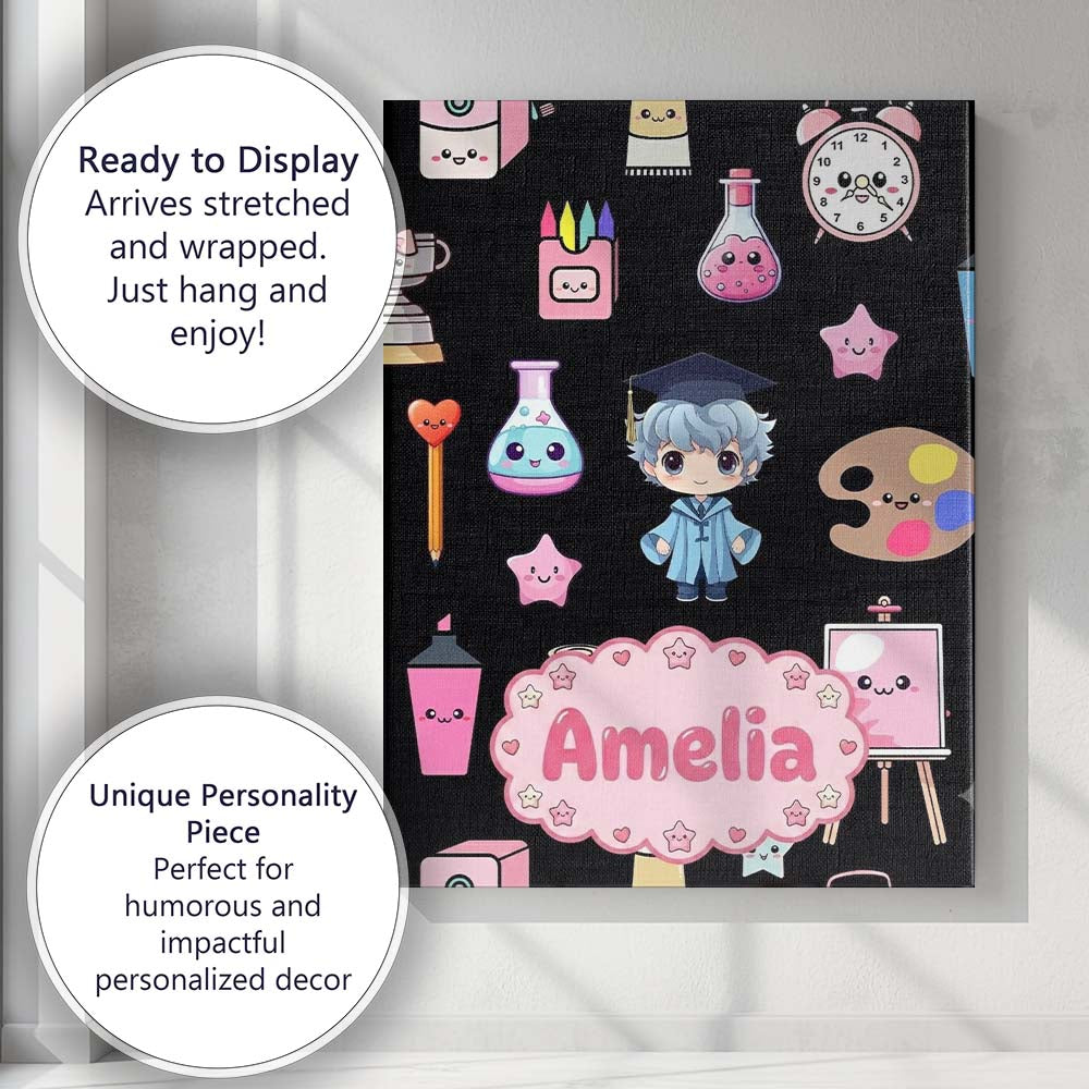 Personalised Name Cute Kawaii Graduation Custom  Unique Gift Idea Elegant Feature Canvas Wall Art Print Decor Picture Ready to Hang