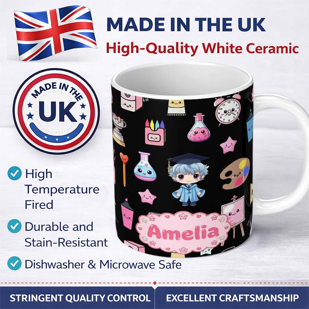 Personalized Custom Name Cute Kawaii Graduation Theme Student Trophy Paint Palette Art 11oz Ceramic Coffee Tea Mug White Large Handle