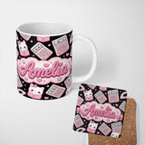 Personalized Custom Name Cute Kawaii Maths Study Calculator Kitty Book Learning Seamless 11oz Ceramic Coffee Tea Mug White Large Handle