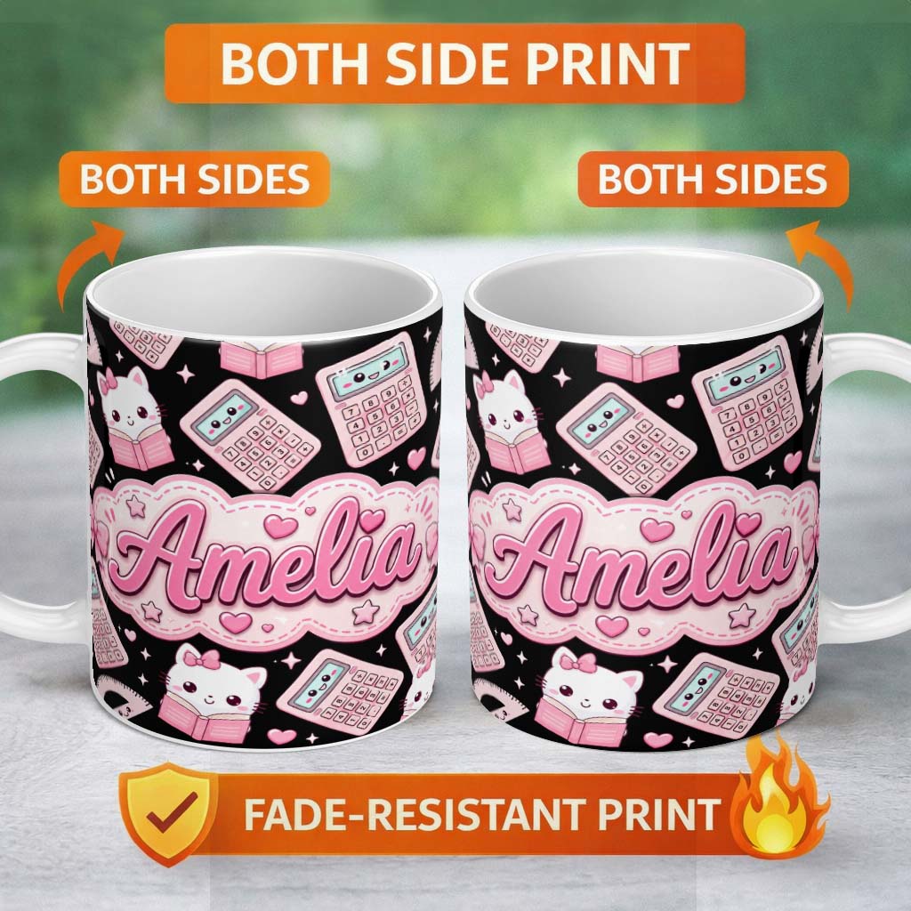 Personalized Custom Name Cute Kawaii Maths Study Calculator Kitty Book Learning Seamless 11oz Ceramic Coffee Tea Mug White Large Handle