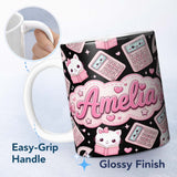 Personalized Custom Name Cute Kawaii Maths Study Calculator Kitty Book Learning Seamless 11oz Ceramic Coffee Tea Mug White Large Handle