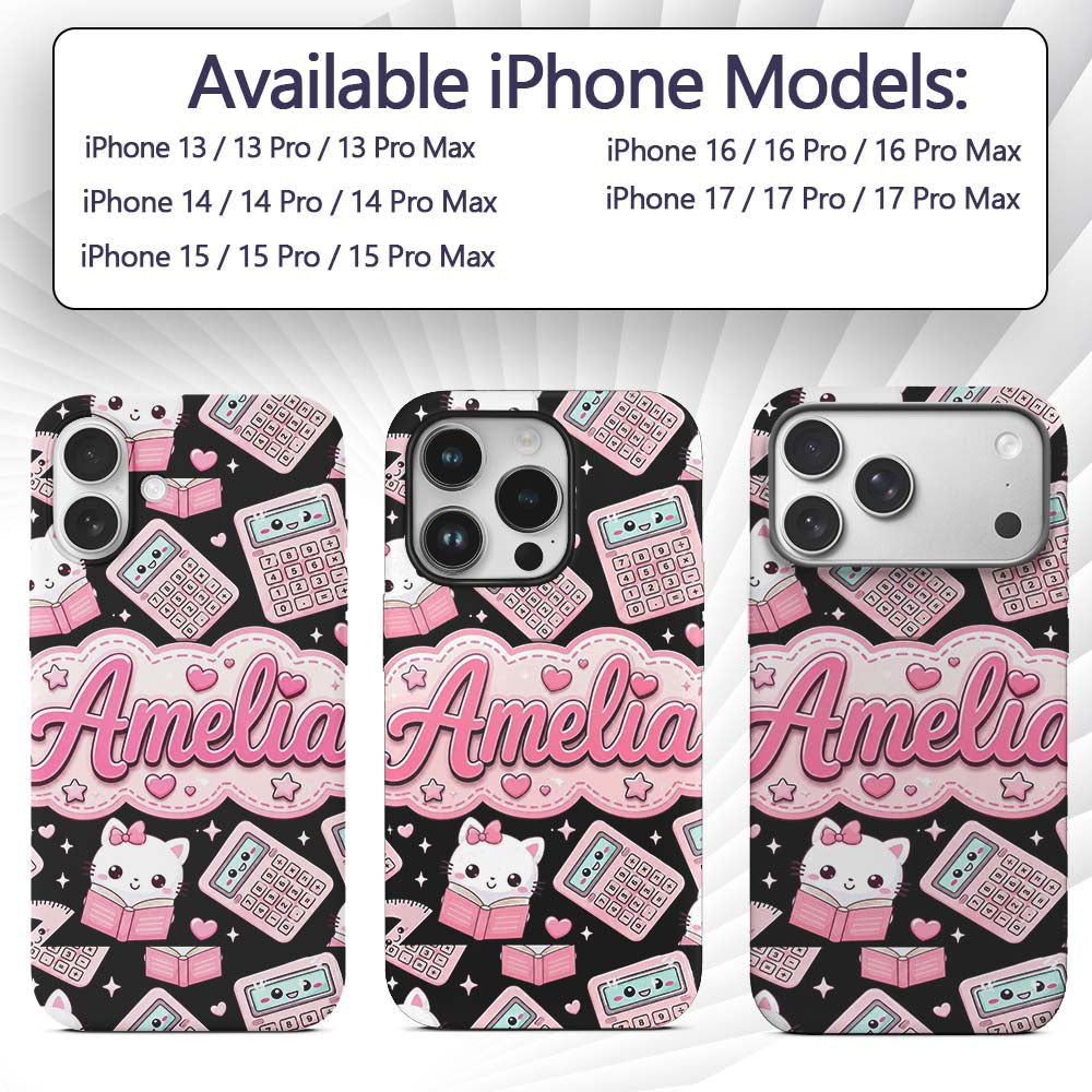 Cute Kawaii Maths Study Calculator Kitty Book Custom Name Protective Phone Case Mobile Cover Durable Everyday Smartphone Shock Resistant