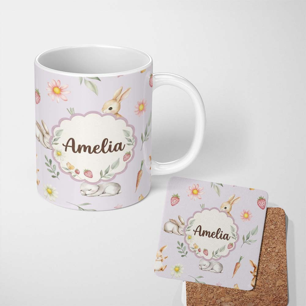 Personalized Custom Name Bunny Rabbits with Flowers Carrots and Butterflies Soft Lilac Lovely 11oz Ceramic Coffee Tea Mug White Large Handle