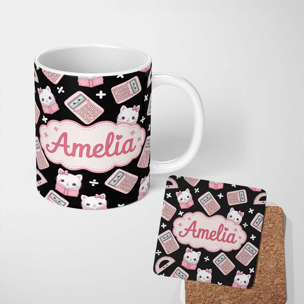 Personalized Custom Name Cute Kawaii Pink Maths Study Calculator Kitty Book Learning 11oz Ceramic Coffee Tea Mug White Large Handle