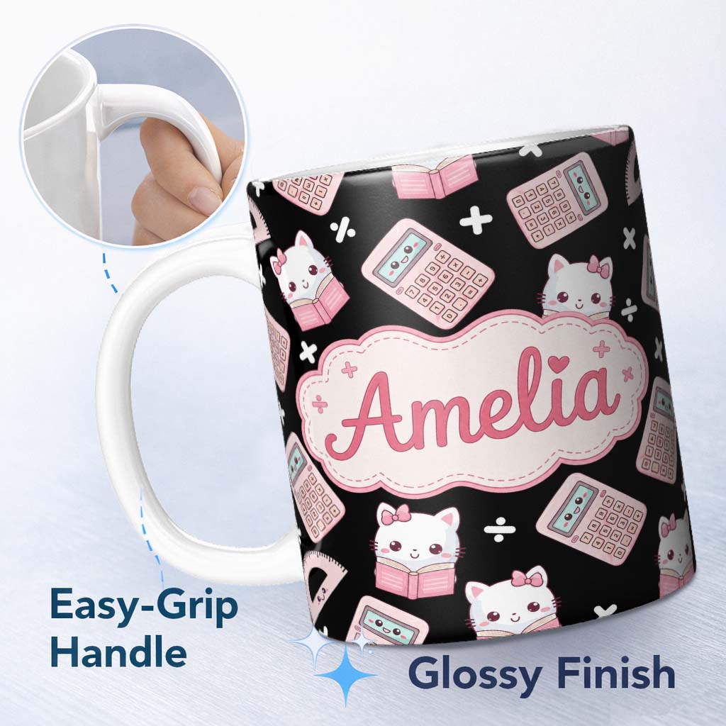 Personalized Custom Name Cute Kawaii Pink Maths Study Calculator Kitty Book Learning 11oz Ceramic Coffee Tea Mug White Large Handle