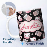 Personalized Custom Name Cute Kawaii Pink Maths Study Calculator Kitty Book Learning 11oz Ceramic Coffee Tea Mug White Large Handle