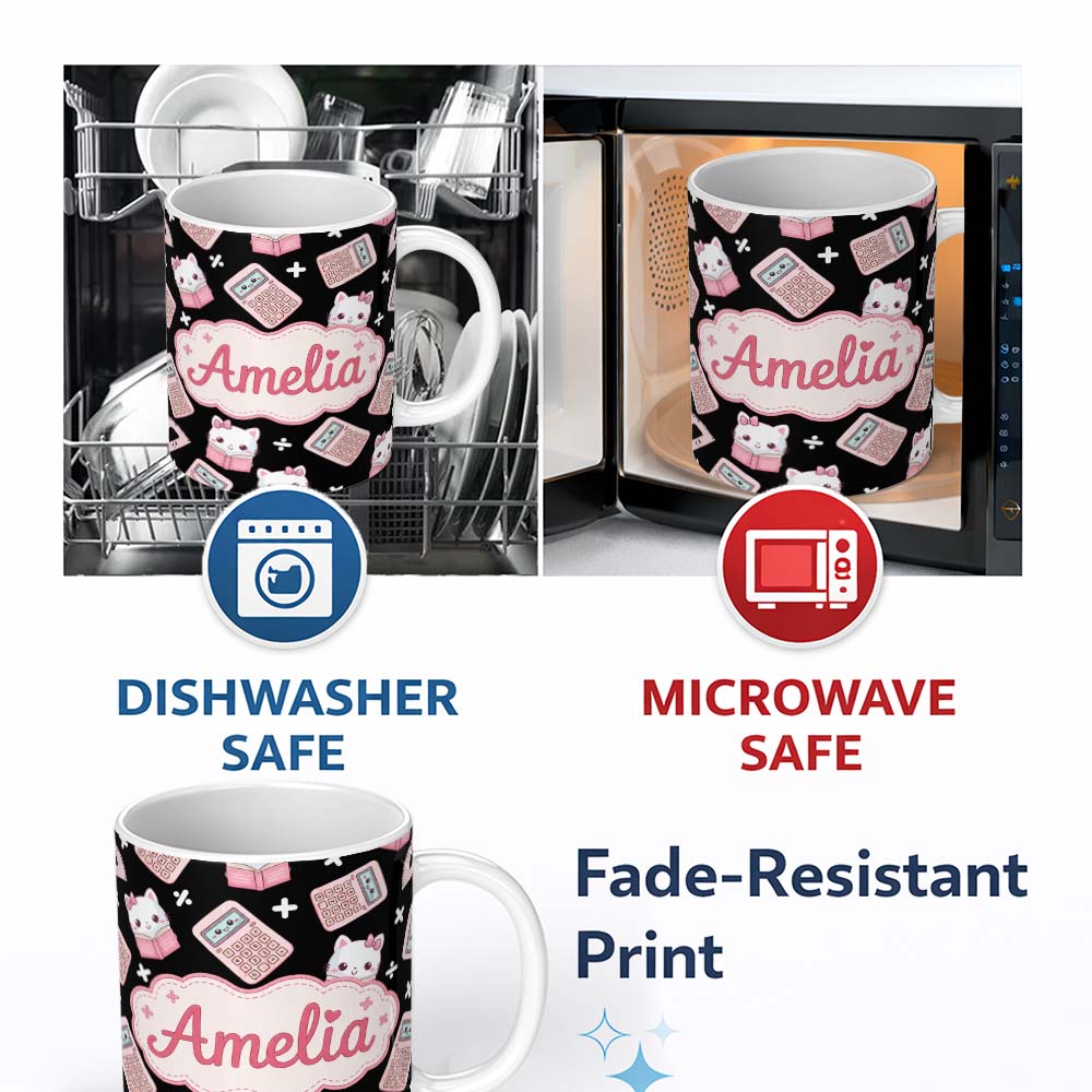 Personalized Custom Name Cute Kawaii Pink Maths Study Calculator Kitty Book Learning 11oz Ceramic Coffee Tea Mug White Large Handle