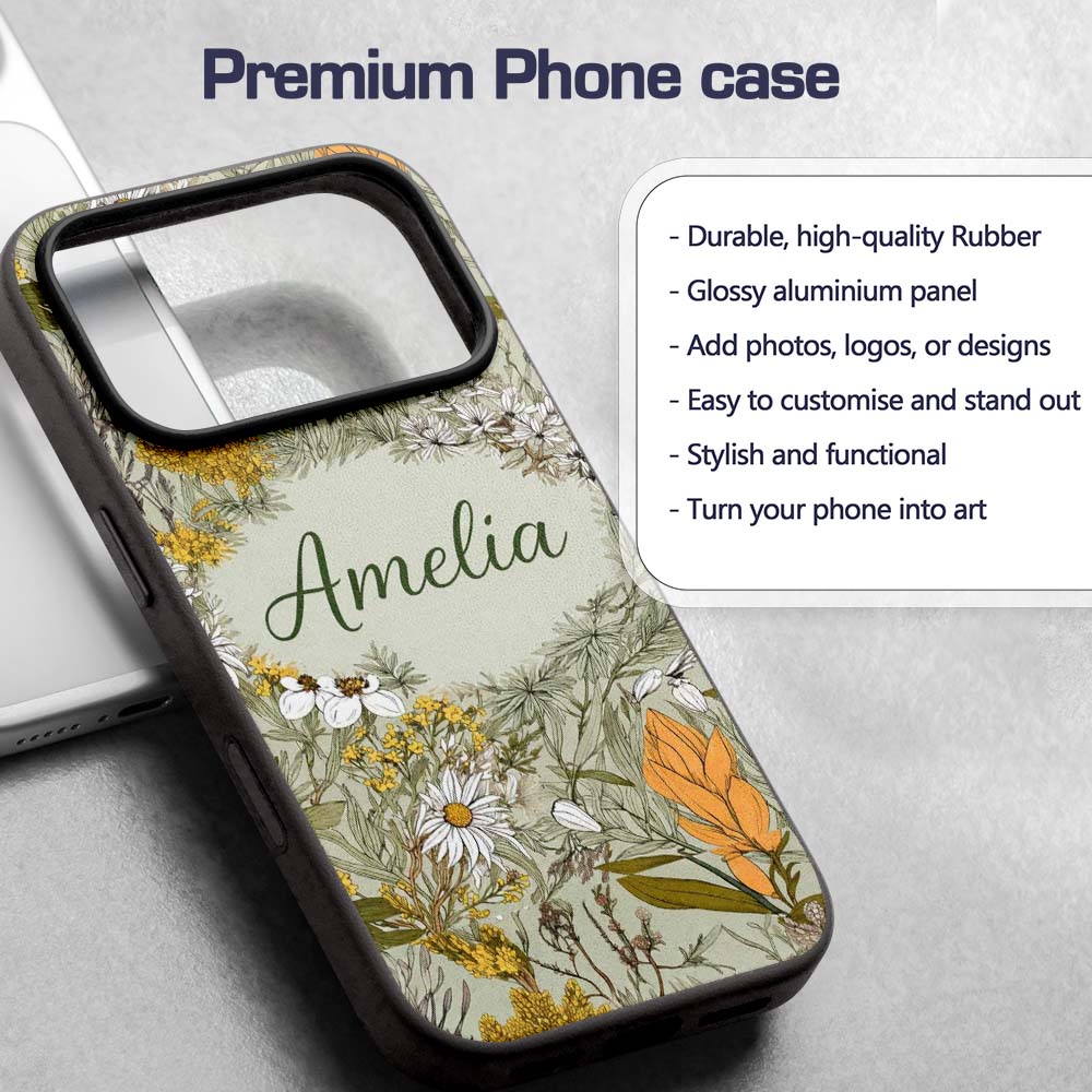 Vintage Botanical Floral Sage Green Detailed Custom Name Protective Phone Case Mobile Cover Durable Everyday Smartphone Shock Resistant