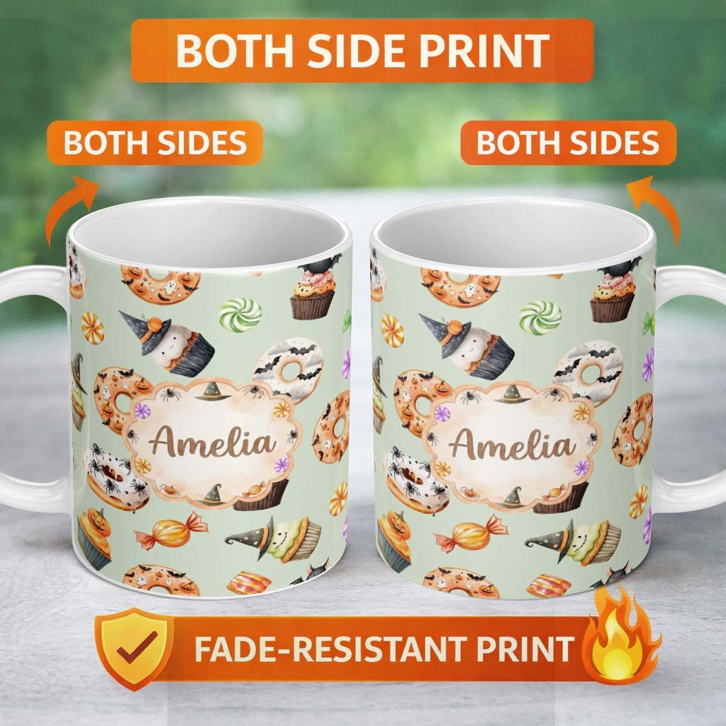 Personalized Custom Name Cute Halloween Donuts Cupcakes Bats Candy and Pumpkins Sage Green 11oz Ceramic Coffee Tea Mug White Large Handle
