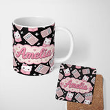 Personalized Custom Name Cute Kawaii Space Learning Rockets Sun Globe Science Seamless 11oz Ceramic Coffee Tea Mug White Large Handle