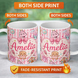 Personalized Custom Name Cute Christmas Gingerbread Candy House Gifts Pattern Pink Stripe 11oz Ceramic Coffee Tea Mug White Large Handle