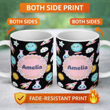 Personalized Custom Name Cute Kawaii School Stationery Rainbow Glue Ruler Apple Fun Seamless 11oz Ceramic Coffee Tea Mug White Large Handle