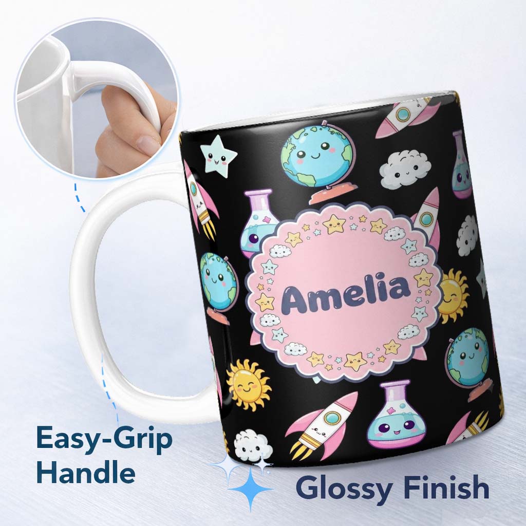 Personalized Custom Name Cute Kawaii School Stationery Rainbow Glue Ruler Apple Fun Seamless 11oz Ceramic Coffee Tea Mug White Large Handle